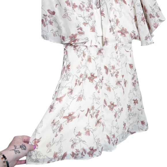 Lulus Women's Floral V-Neck Back Cut Out Neutral Flowy Sheer Ruffle Mini Dress - Picture 10 of 16